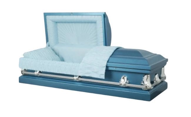 A light blue casket with its lid open, showing a padded interior.