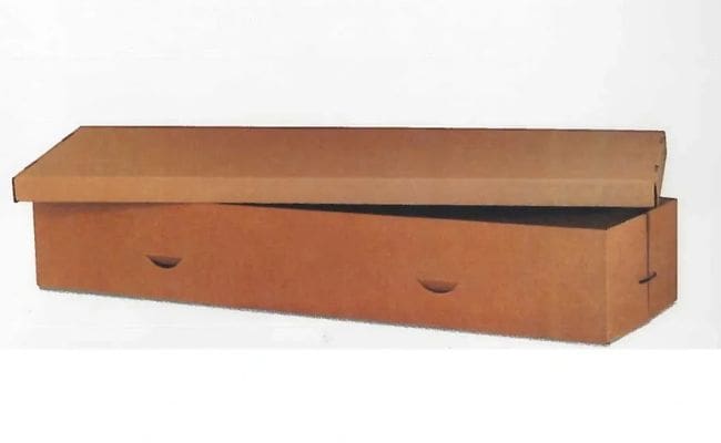 A wooden storage bench with a hinged lid and two handles.
