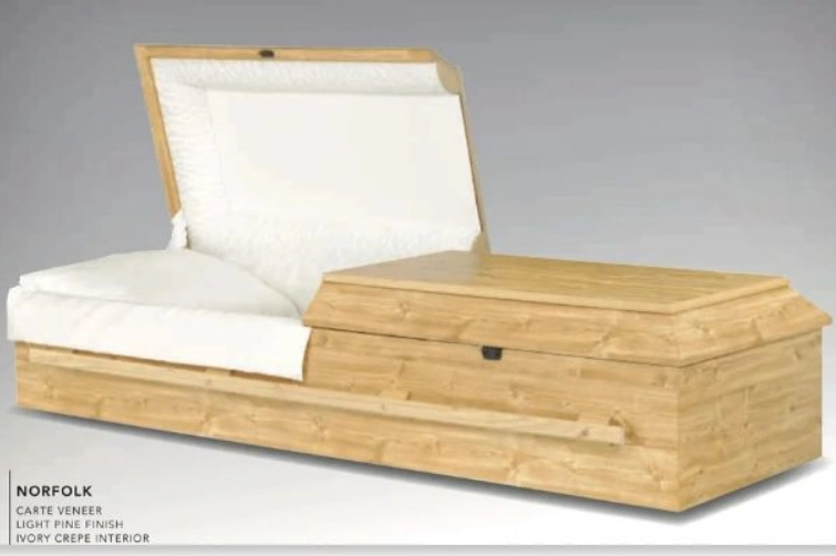 Wooden casket with a white interior lining, partially open.