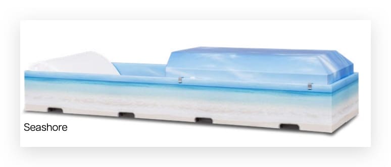 Casket with seashore design and sky lid.
