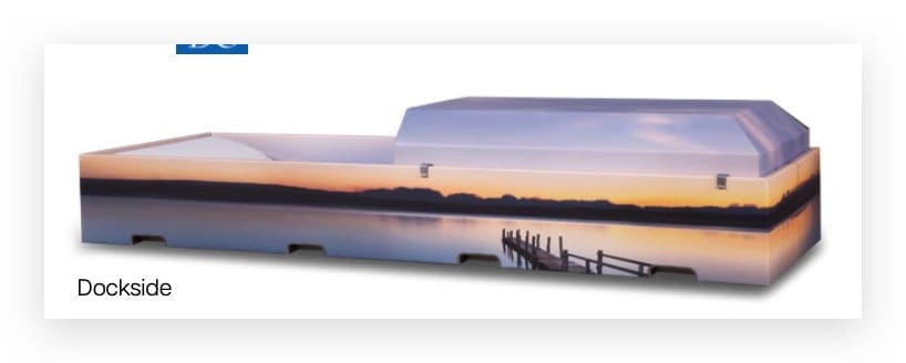 Casket with dockside sunset and pier