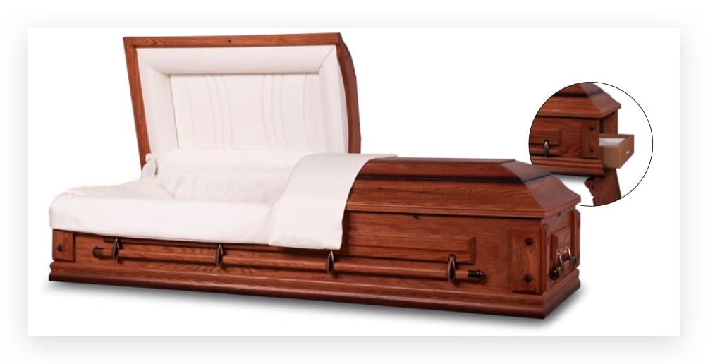 Wooden casket with white interior, side view.
